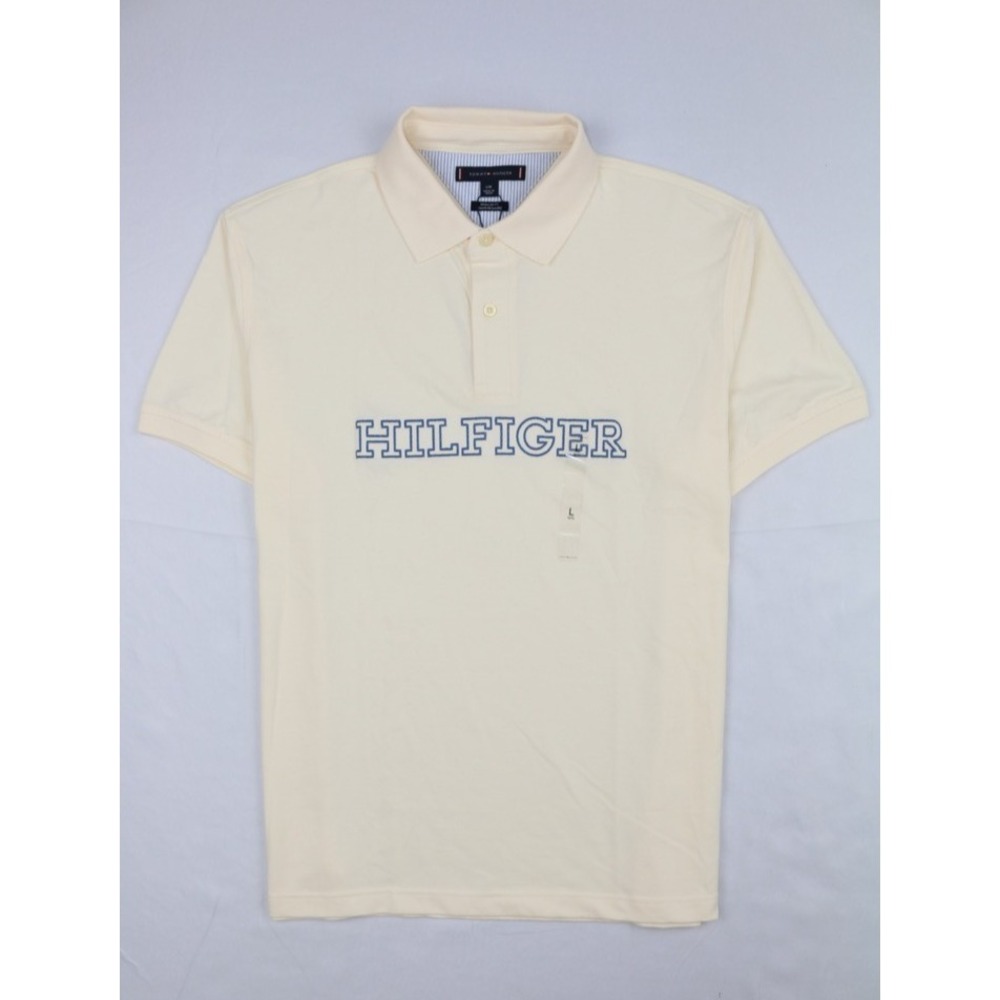 Tommy Hilfiger Mens Regular Fit Mesh Polo Shirt Vintage White Blue L Embroidery